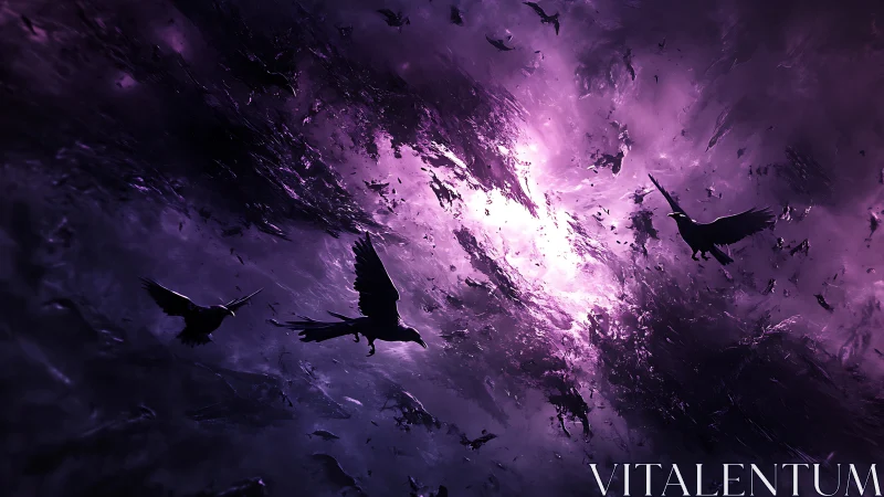 Ravens drifting through a storm-torn violet cosmos.