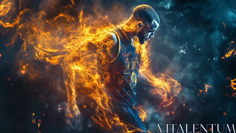 Blazing court warrior strides through molten neon firestorm.