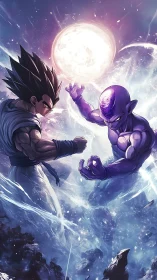 Dynamic anime duel under luminous cosmic energy sphere.