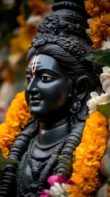 Black stone deity statue adorned with marigold garlands.