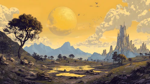 Alien valley landscape rendered in high-detail digital painting
