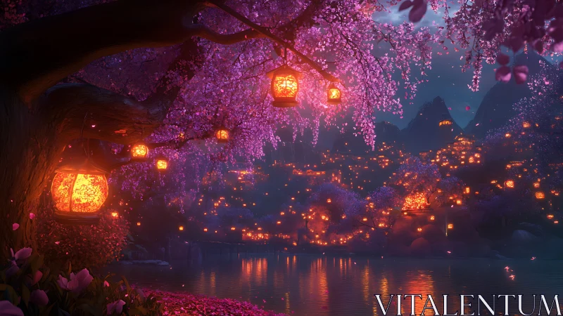 Lantern-lit blossom shore dreaming over twilight waters.