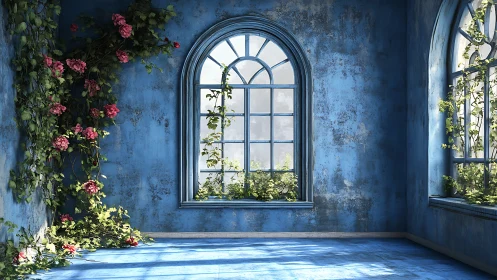 Sunlit blue room welcomes creeping vines and quiet blooms