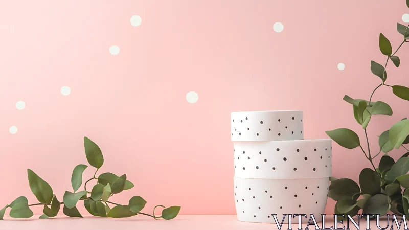 Polka dot storage boxes stack against pastel pink wall.