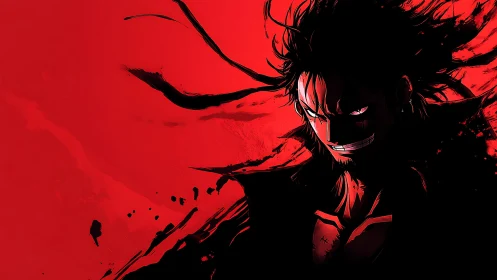 High-contrast anime portrait uses red-black palette and dynamic ink splatter