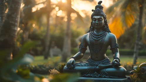 Bronze Shiva meditative statue in tropical garden at sunrise
