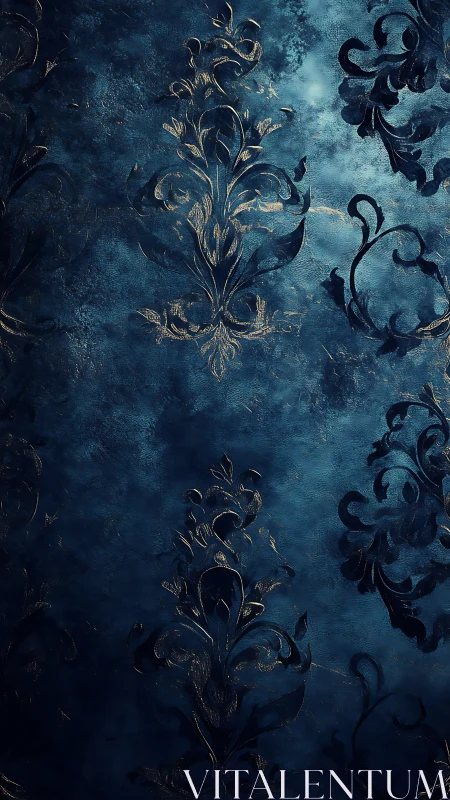 Dark blue ornamental pattern with stylized floral motifs.