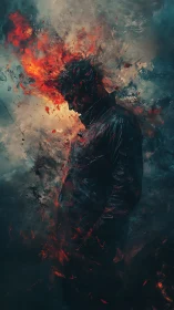 Brooding silhouette crowned in stormfire and whispered ash.