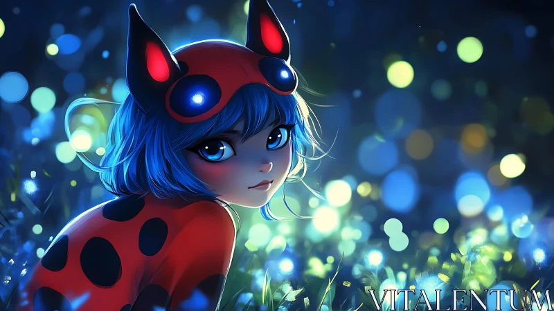 Blue haired girl in ladybug suit amid glowing night field.
