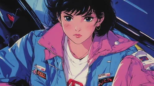 Retro anime portrait of woman in jacket inside vehicle.