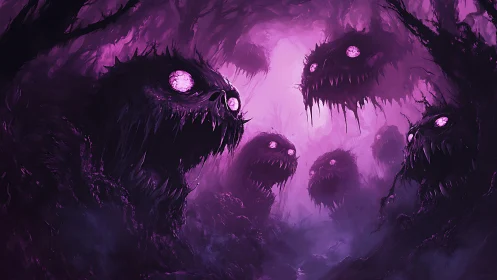 Glowing eyed forest spirits drifting through violet fog.