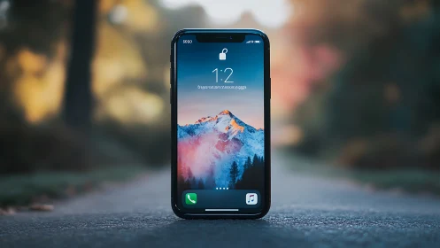 iPhone displaying mountain landscape with lock screen interface.