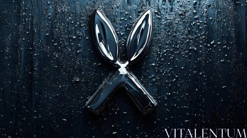 Shiny Metallic Bunny Ears Sculpture on Textured Dark Surface.