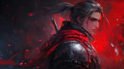 Stoic red-scarfed warrior standing in swirling ember light.