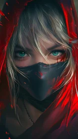 Scarlet-hooded masked warrior with piercing teal gaze.