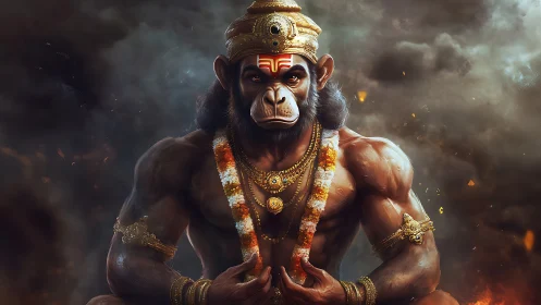Divine monkey warrior sits in blazing smoke-filled aura