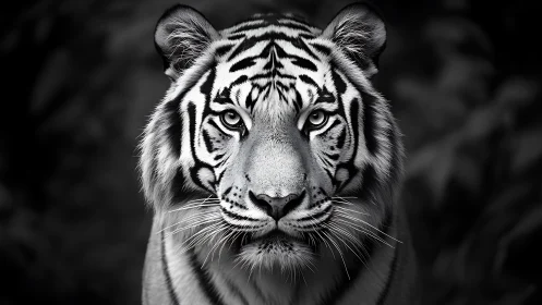 Black and white close up portrait of a staring tiger.