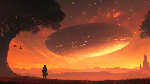 Glowing alien sky welcomes a lone wanderer at sunset