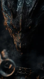 Ancient obsidian dragon stares from the shadows, smoldering within.