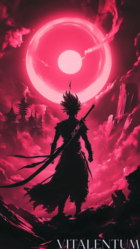 Silhouetted warrior observes large luminous circle in sky