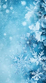Glittering ice crystal snowflakes shimmer in a frosty blue haze