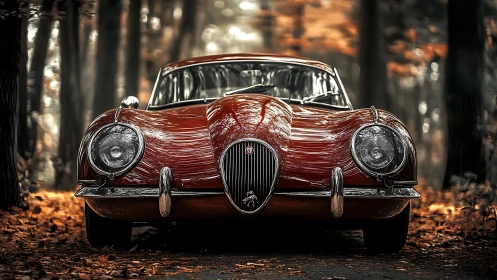 Classic red coup&eacute; front view in autumn forest lighting study