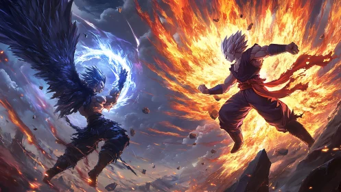 Winged storm versus blazing warrior in apocalyptic clash.