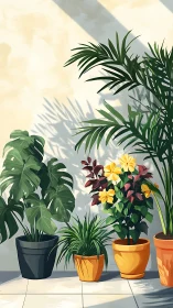 Potted tropical foliage and flowering patio plants in hard light