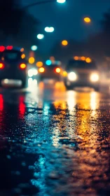 Rain-soaked city street reflects blurred neon car lights at night