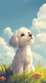 White fluffy puppy sitting in sunny flower meadow outdoors.