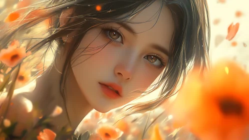 Digital portrait shows stylized woman amid orange flowers