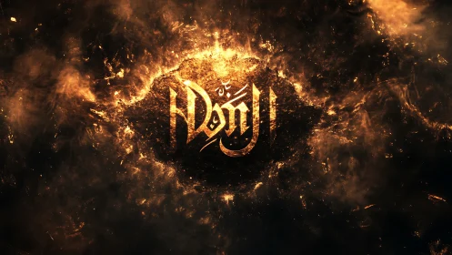 Glowing Arabic calligraphy ignites against dark cosmic void