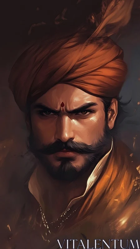 Warrior portrait shows intense gaze under flowing turban