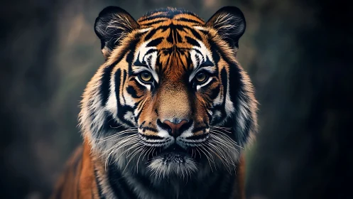 Majestic tiger portrait stares forward in dramatic shadows.
