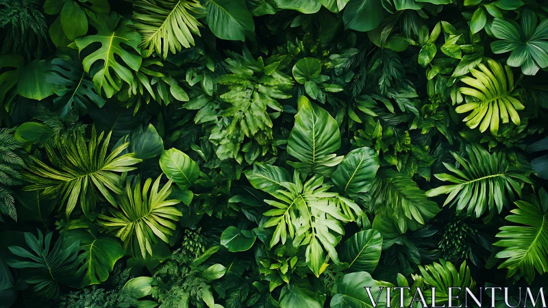 Lush tropical foliage pattern with layered green jungle leaves.