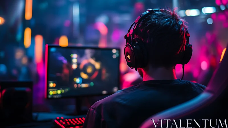 Gamer wearing headset focused on desktop screen in neon arena.