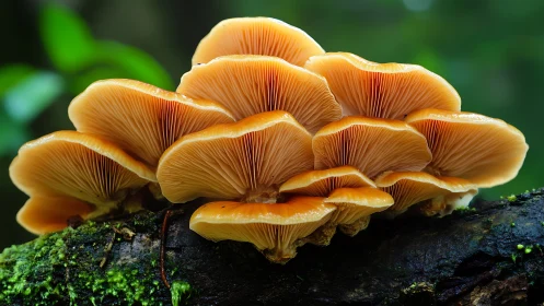 Golden woodland mushrooms glowing softly on mossy bark.