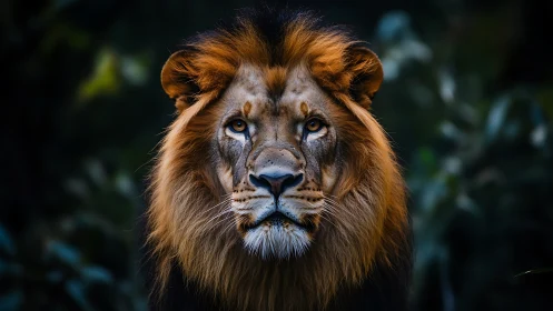 Male lion portrait in low light forest environment.