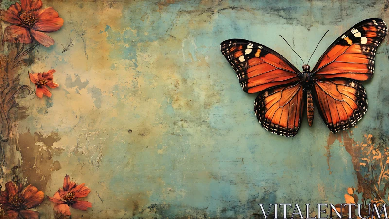 Orange butterfly rests on vintage blue floral textured canvas