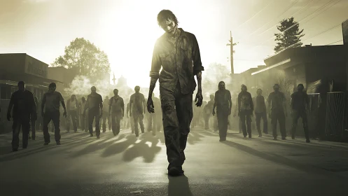 Backlit urban zombie horde advancing in desaturated haze.