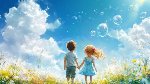 Two Children Holding Hands in Flower Meadow with Iridescent Soap Bubbles