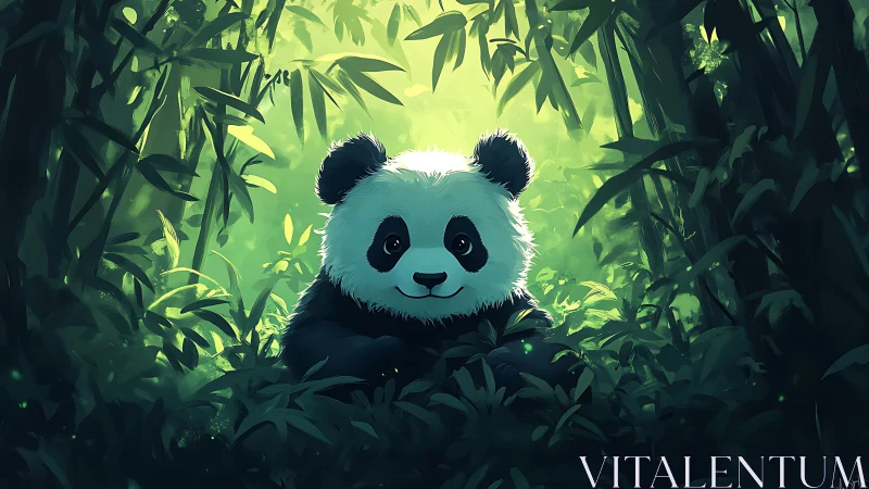Curious panda peeking through dreamy bamboo forest light.