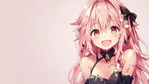 Anime portrait with pink-haired character and minimalist void background.