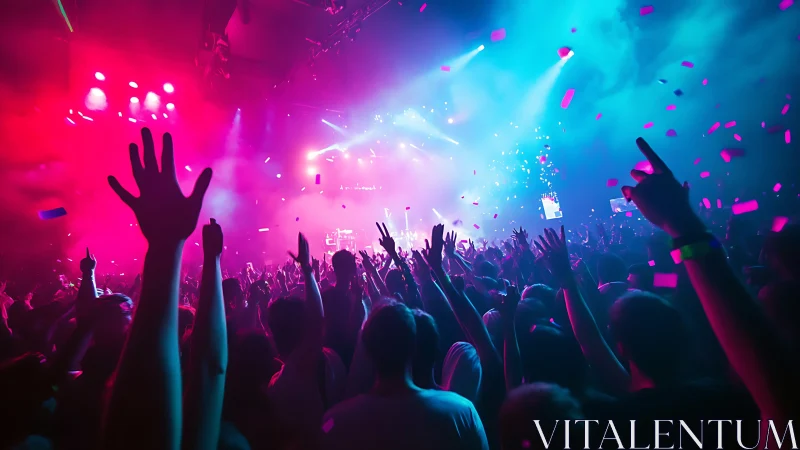 Crowd raises hands toward bright concert stage lighting