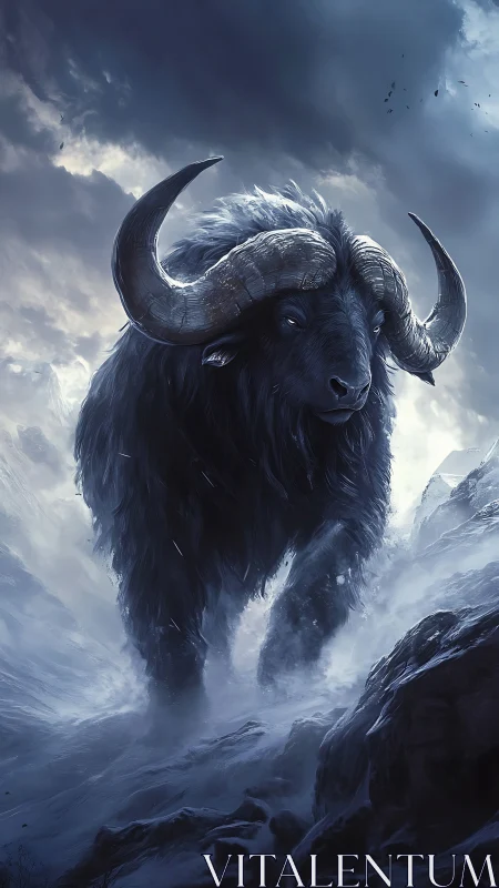 Mythic horned colossus striding through glacial storm.