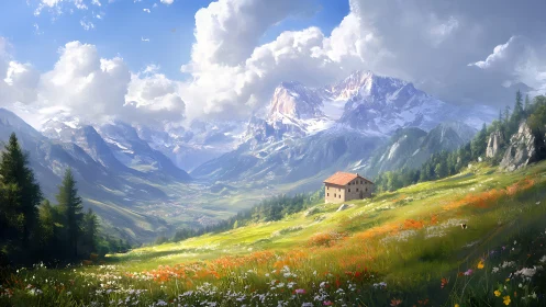 Mountain meadow valley with lone house under bright clouds.