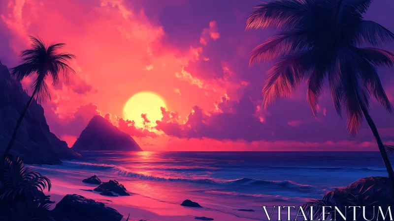 Tropical shoreline at sunset with silhouetted palms and cliffs.