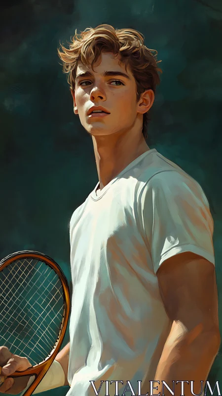 Young tennis player in white shirt under soft sunlight.