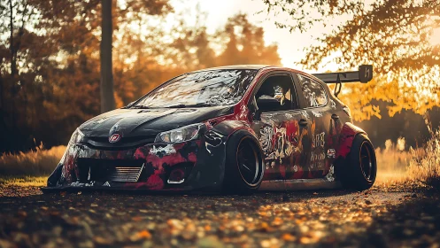 Widebody drift car under golden-hour bokeh lighting glows