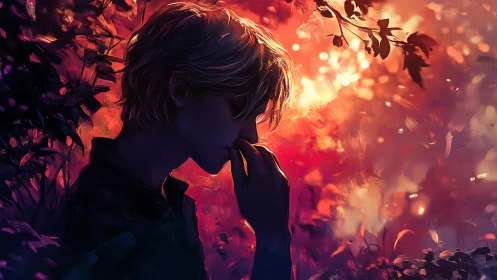 Contemplative youth silhouette in fiery bokeh forest glow.